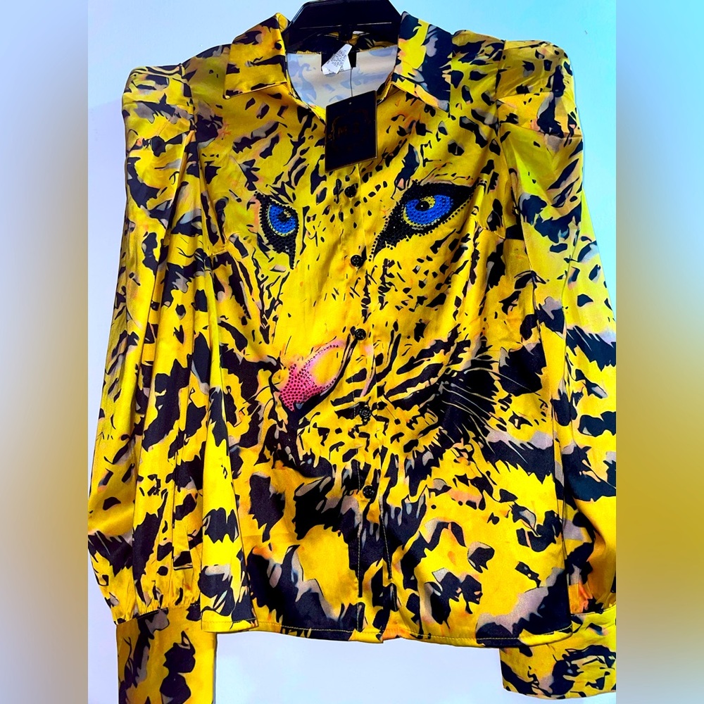 Leopard satin button down shirt with rhinestones, shoulder pads, long sleeve